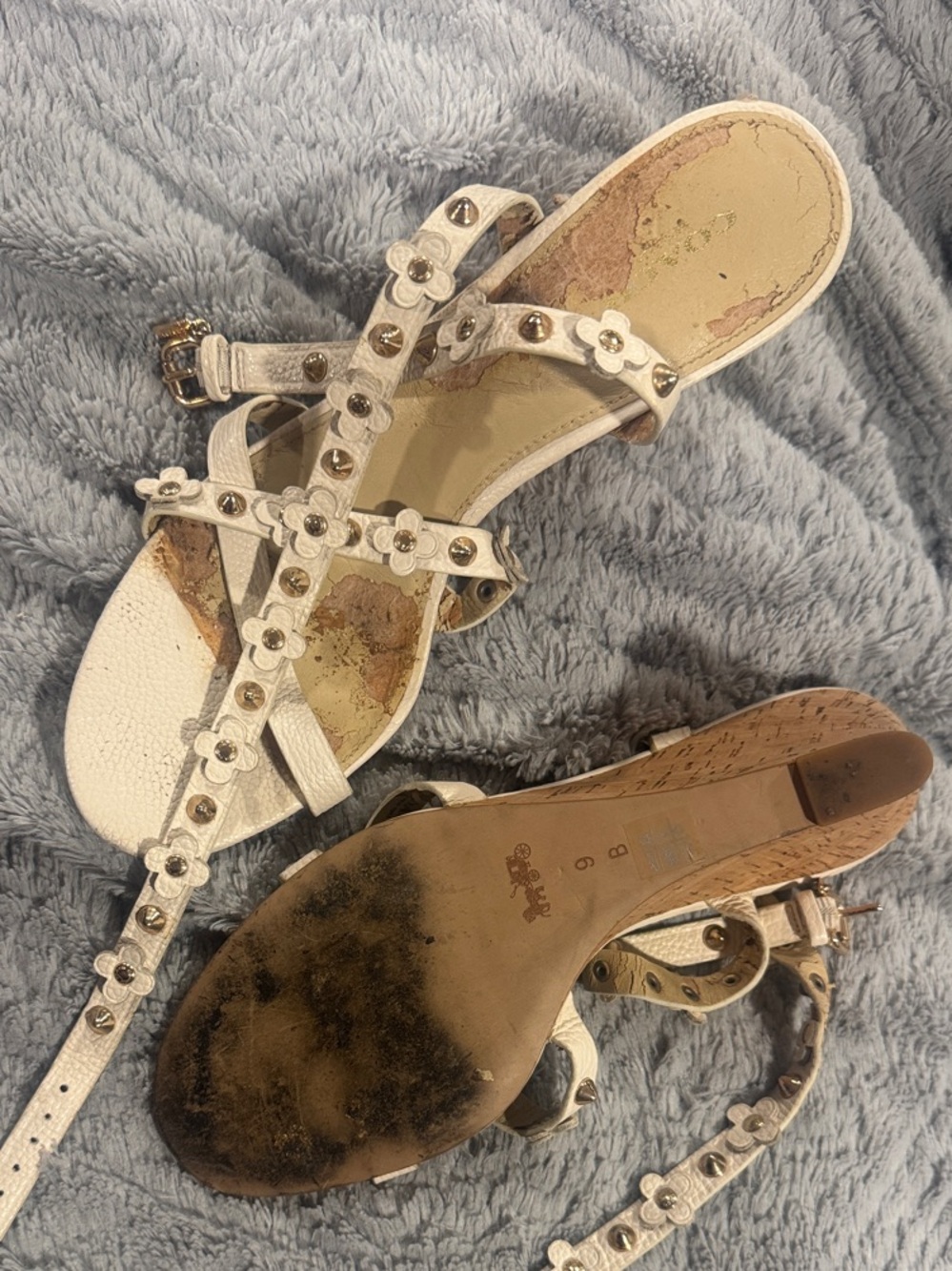 Coach White Floral Studded Wedge Sandals